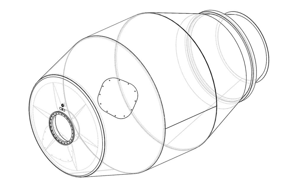 Line drawing of a Cesco mixer barrel showing the dished end, inspection hatch and track ring