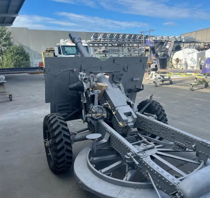 The restored field gun from the front, primed and ready for paint