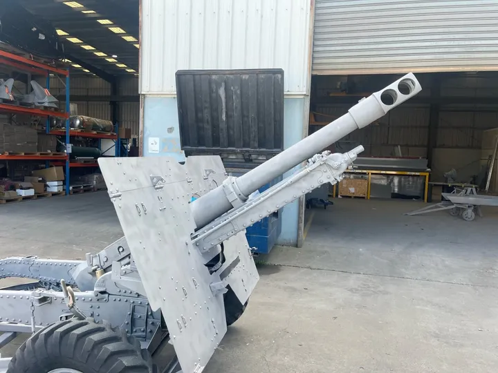 Side view of the field gun after restoration work