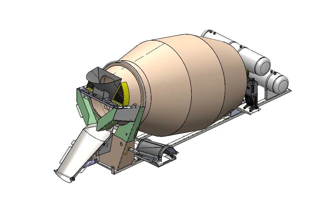 3D CAD model of a Cesco mixer barrel, chute and hopper on its mounting frame
