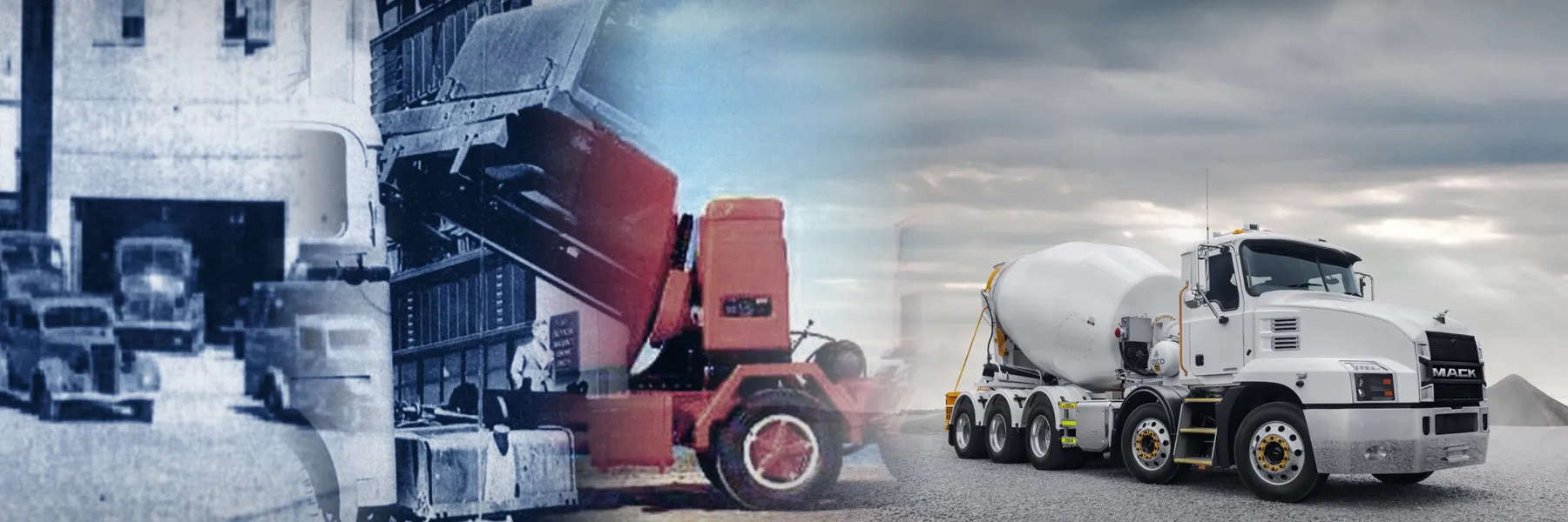 Cesco mixers through the decades, from an early tilting-drum truck to a modern Mack transit mixer