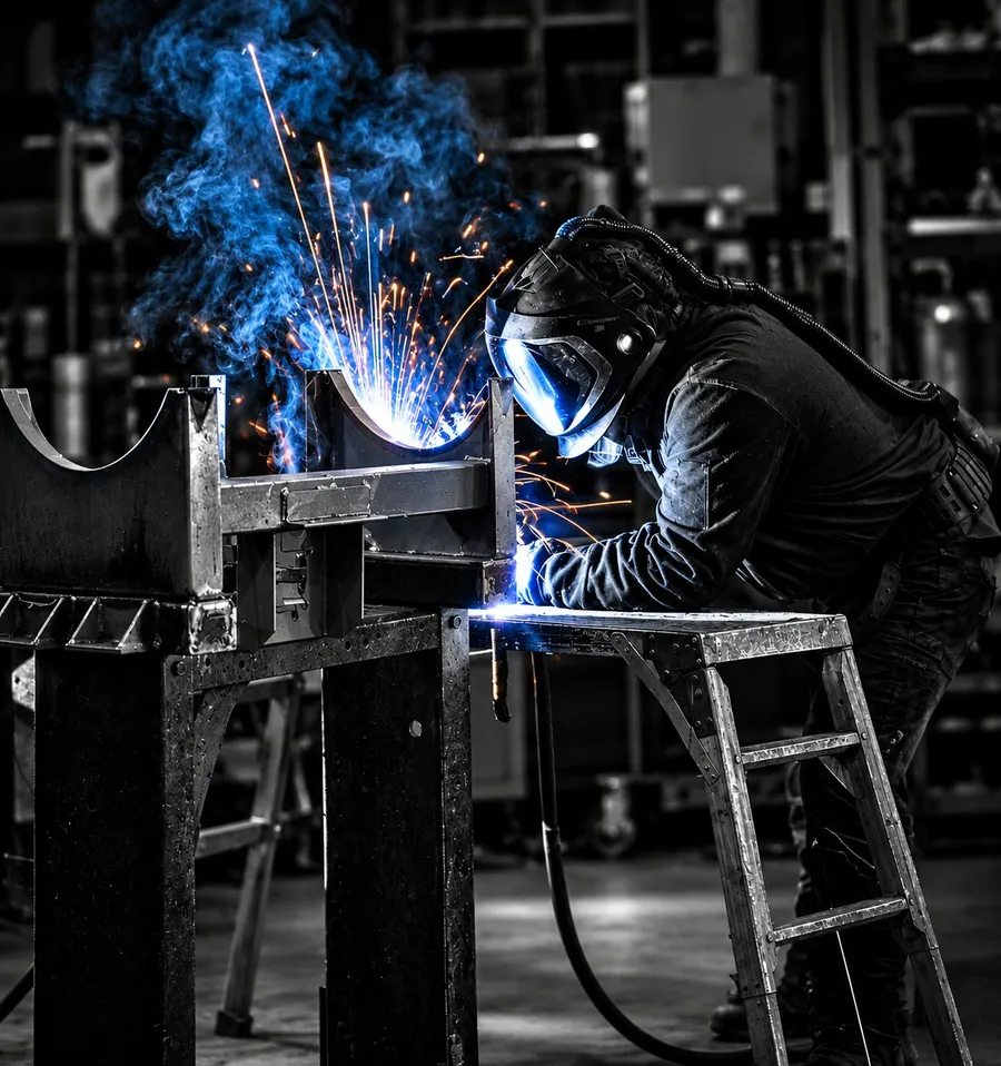A Cesco welder fabricating a mixer frame in the Brisbane factory, sparks flying