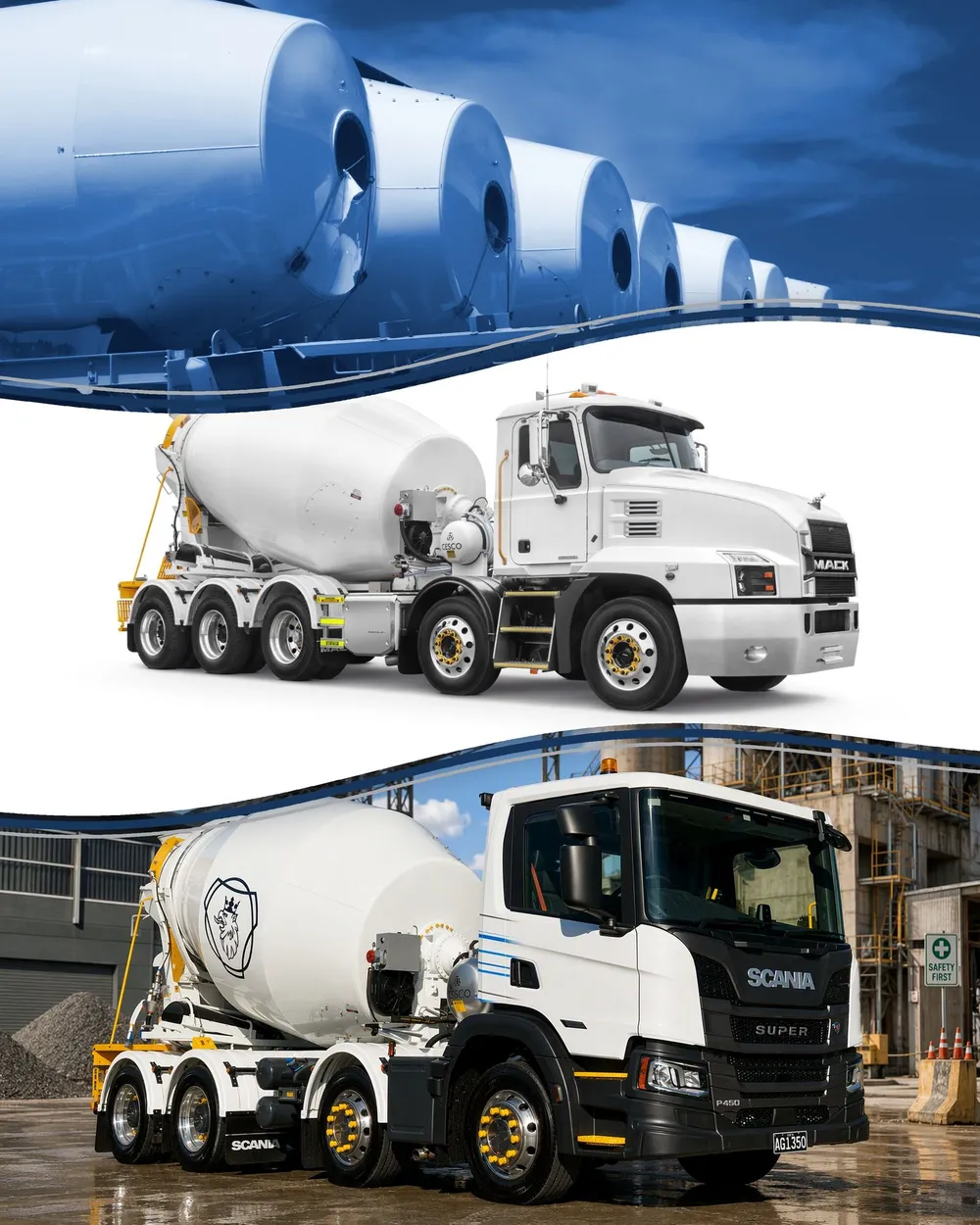 Cesco mixer barrels in a row, a Mack mixer truck and a Scania mixer truck with Cesco mixers