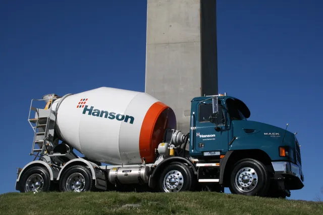 Hanson-branded Mack with Cesco mixer at a batching plant