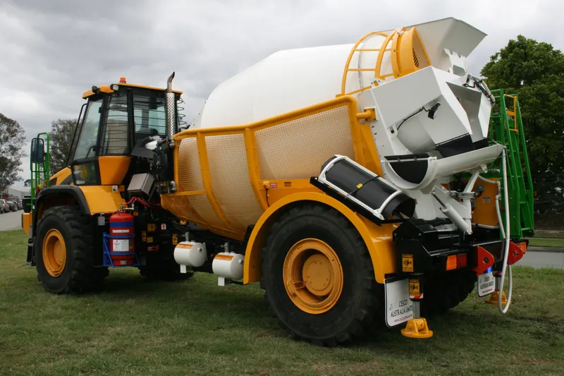 Cesco custom JCB underground mining mixer with white barrel and yellow guarding