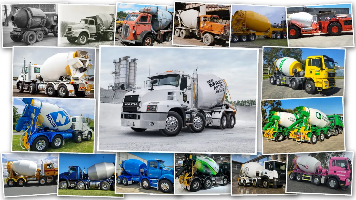 Collage of Cesco mixers through the decades, from early black-and-white trucks to today’s Mack, Scania, Boral, Heidelberg Materials, Nucon and Readymix fleets