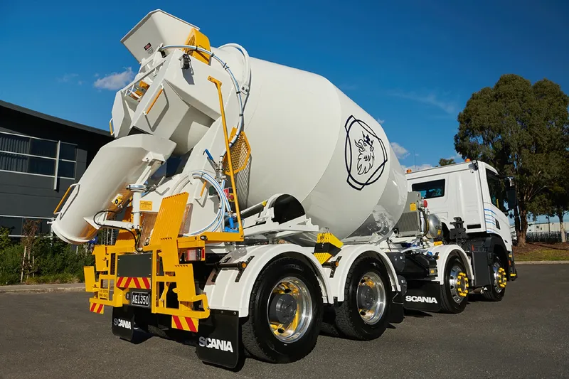 Rear view of a Cesco transit mixer on a Scania chassis