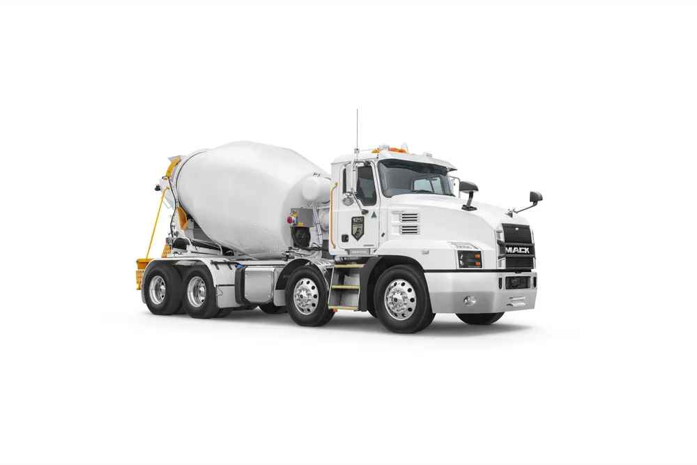 A freshly finished Mack 8x4 Cesco mixer truck, photographed in the studio