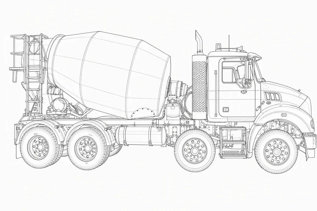Computer aided design line drawing of a Cesco transit mixer on an 8x4 chassis