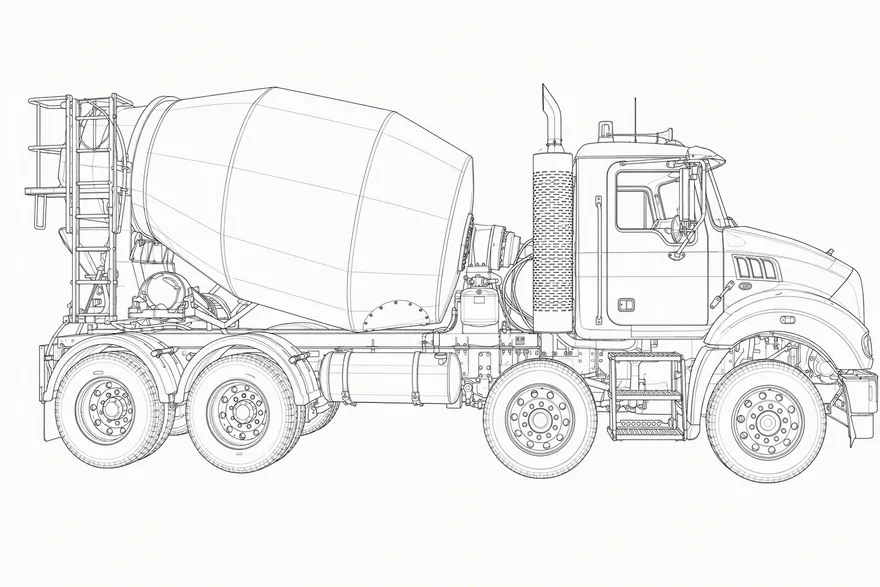 Cesco engineering wireframe drawing of a transit mixer truck