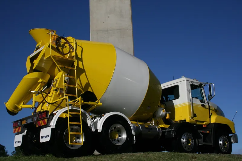 Low-angle view of a Cesco mixer with a yellow barrel